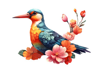 Fototapeta premium watercolor tropical bird sitting on the blooming branch. bright color illustration with blue bird and exotic flowers in jungle. Stunning clipart and cutout decor element