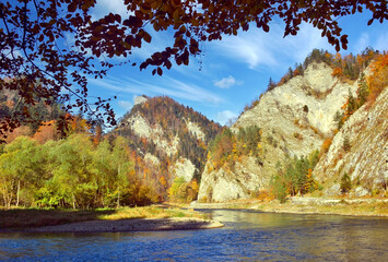 Dunajec river in Pieniny mountains at autumn. Pieniny National Park.