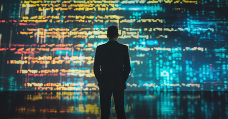Silhouette of a Man Before a Gigantic Digital Data Wall in a Futuristic Cityscape