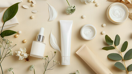 A product photo of of skin care products on minimalistic setting, beige background - obrazy, fototapety, plakaty