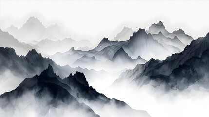 Majestic mountain range enveloped in dense fog the world beyond unseen in a dreamlike ethereal landscape description This image depicts a stunning - obrazy, fototapety, plakaty