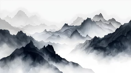 Fotobehang Majestic mountain range enveloped in dense fog the world beyond unseen in a dreamlike ethereal landscape description This image depicts a stunning © Thares2020
