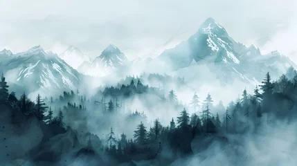 Fotobehang Misty Mountain Range Shrouded in Ethereal Fog Rugged Wilderness Landscape with Serene Tranquility © Thares2020