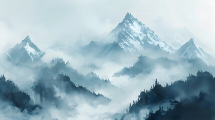 Majestic Mountain Peaks Shrouded in Ethereal Mist and Hazy Wilderness Scenery - obrazy, fototapety, plakaty