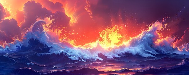 Fiery Lava Flows into the Churning Waves Forging New Land from the Elemental Forces of Nature - obrazy, fototapety, plakaty