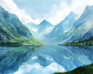 Majestic mountain landscape with a tranquil alpine lake reflecting the surrounding peaks and mirroring the serene skies above - obrazy, fototapety, plakaty