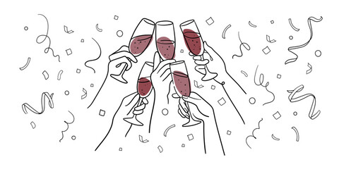 Continuous line champagne cheers one line art, continuous drawing contour. 5 hands toasting with red wine glasses with drinks. Cheers toast festive decoration for holidays. Vector illustration