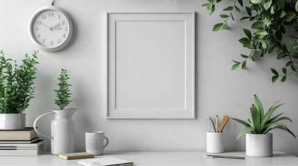 Over a white backdrop with a simple table and plants as décor, there is a black antiques watch next to a devoid frame and space, Generative AI.