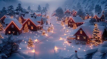 Red washed houses with lots of twinkling lights in snowy Christmas village. Generative AI.