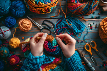 Unravel the art of knitting: An interactive step-by-step knitting tutorial with vibrant colored yarns and essential accessories