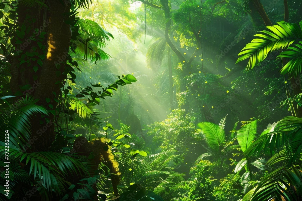 Aufkleber sunlit canopy: a mesmerizing view of a lush green jungle with sunlight filtering through the dense f