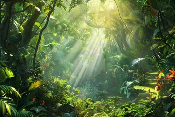 A lush green jungle with sunlight shining through the trees - Powered by Adobe