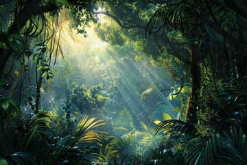 Nature's Radiance: An enchanting scene of a sunlit green jungle, where rays of light illuminate the lush foliage, creating a magical ambiance