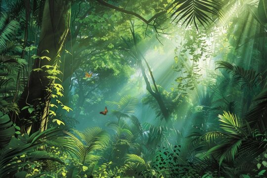 Glimpses of Eden: A captivating painting depicting a vibrant green jungle, where sunlight dances through the majestic trees
