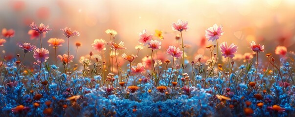 Beautiful spring meadow with wild flowers, dandelions and grass on a blurred background, in the style of sunshine generative AI - obrazy, fototapety, plakaty