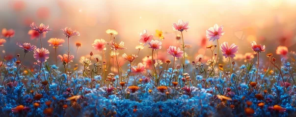 Photo sur Plexiglas Cappuccino Beautiful spring meadow with wild flowers, dandelions and grass on a blurred background, in the style of sunshine generative AI
