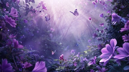 A beautiful purple flower garden with butterflies flying around