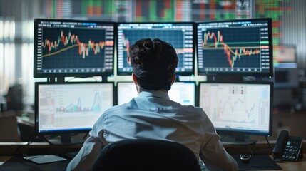 A stock price chart displayed on three desktop PC monitors, back view of a male stock trader, desk at a securities company. Generative AI. - obrazy, fototapety, plakaty