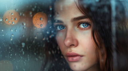 Retrato de mujer triste detrás de una ventana