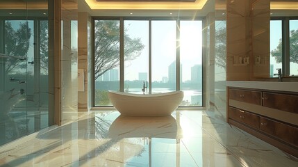 Luxurious bathroom space, clean floors, oversized floor-to-ceiling windows. Generative AI.