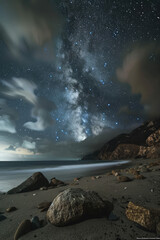 a night sky over the ocean with a beach and rocks in the foreground.