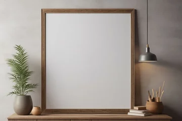 Foto op Plexiglas A blank photo frame on a painted wall for mockup design © Thanh