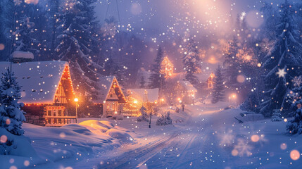 Snow-covered village with warm lights twinkling, watercolor glow against the cool, silent night