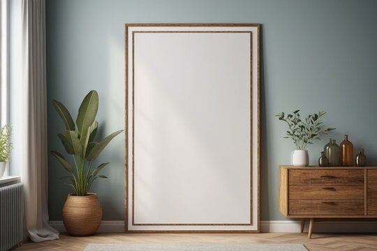 A blank photo frame on a painted wall for mockup design