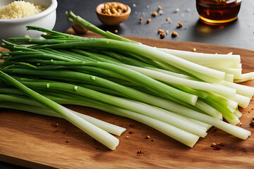 Scallions are placed on the cutting board