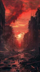 Fototapeten Echoes of Solitude: A captivating painting of a desolate city street, bathed in a haunting red sky, with a solitary tree standing as a silent witness in the foreground © Irfanan