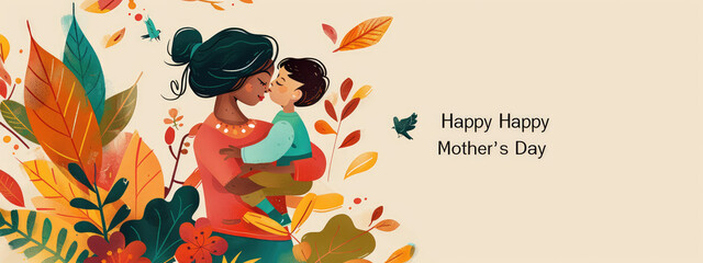 Mother's Day poster design, flat illustration style, with a mother holding a baby in her arms and a happy expression - obrazy, fototapety, plakaty