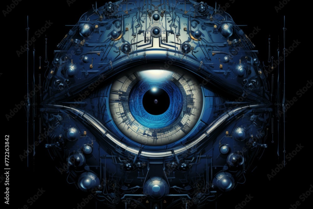 Poster high-tech robot eye. focus future science. generate ai