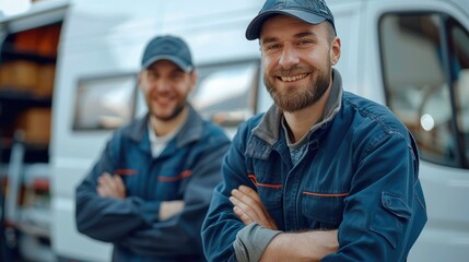 Two attractive appliance repair specialists in caps smiling against the background of a white van. Generative AI.
