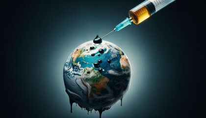 A refined version of the close-up shot showcasing a small Earth with oil being extracted through a syringe, intensifying the visual message about the consequences of oil dependency