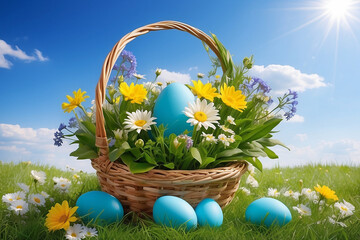 Easter basket with colorful flowers, Easter eggs in the background blue sky and sunshine.