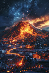 Volcanic eruption under a starlit sky, watercolor textures illustrating nature's fiery and ethereal beauty