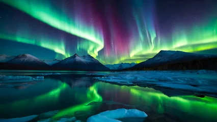 Papier Peint photo Lavable Aurores boréales Snowy natural scenery at night with aurora sky. A beautiful green and red aurora over the hills, AI Generated Background