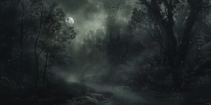 A dark forest with a full moon in the sky