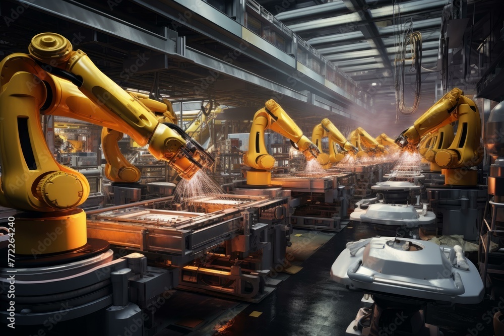 Poster high-tech robot hand factory. process production. generate ai