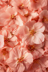 Close-up of lush coral pink cherry blossoms. Floral beauty for springtime, nature backgrounds, and botanical elegance themes