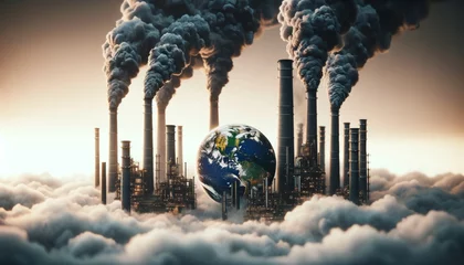 Fotobehang Close-up of a small Earth surrounded by towering factory smokestacks that dwarf the planet, thick dark smoke billowing from the stacks and engulfing the Earth © Petr