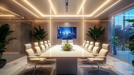 A sleek and modern large VIP conference room has an island table and chairs around, floristic placed on the table. White wall panels. Generative AI.