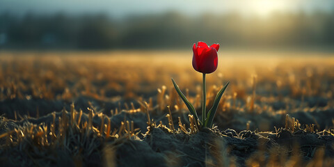 Lonely red tulip in the field. generative ai  - obrazy, fototapety, plakaty
