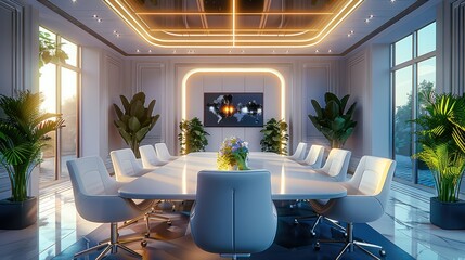 A sleek and modern large VIP conference room has an island table and chairs around, floristic placed on the table. White wall panels. Generative AI. - obrazy, fototapety, plakaty