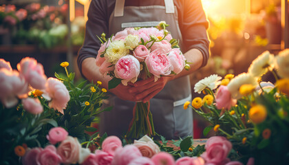Florist, flower shop and happy couples receiving flowers. - obrazy, fototapety, plakaty