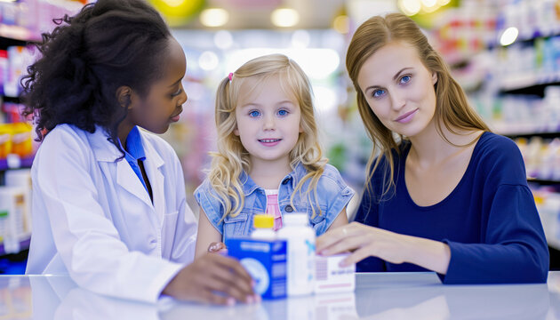Mother and daughter buying medicine with the help of the pharmacist. Mother and daughters in the pharmacy with the pharmacist. Doctor and patient.