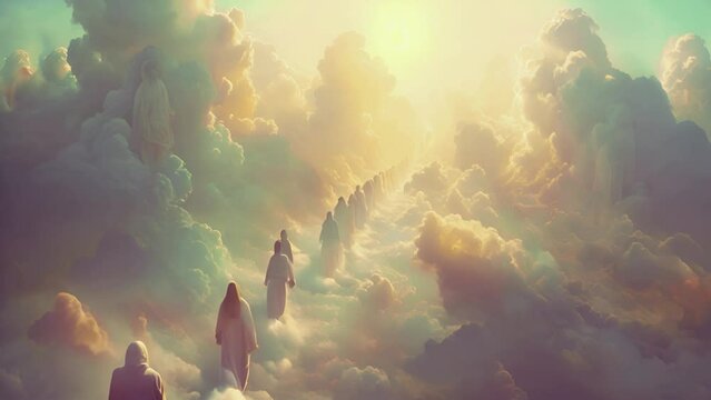 people walking to the light in heaven. Standing in a row waiting to go to heaven in white clouds. Christian prayers are in queue praying to the Jesus. Believe in God 4k video