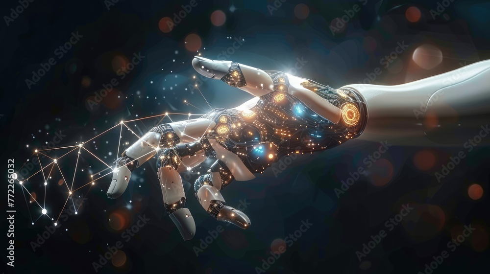 Poster the hand of a human and robot touching each other with digital connection lines on a dark background