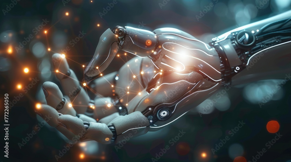 Fototapete the hand of a human and robot touching each other with digital connection lines on a dark background