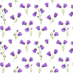 Seamless watercolor pattern with wildflowers bluebell on transparent background. Can be used for fabric prints, gift wrapping paper, kitchen textile